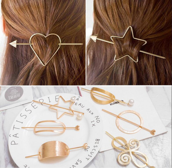 2019 New Women Fashion Charm Gold Geometric Heart Triangle Hairpin Hair Clip Stick Slide Accessories