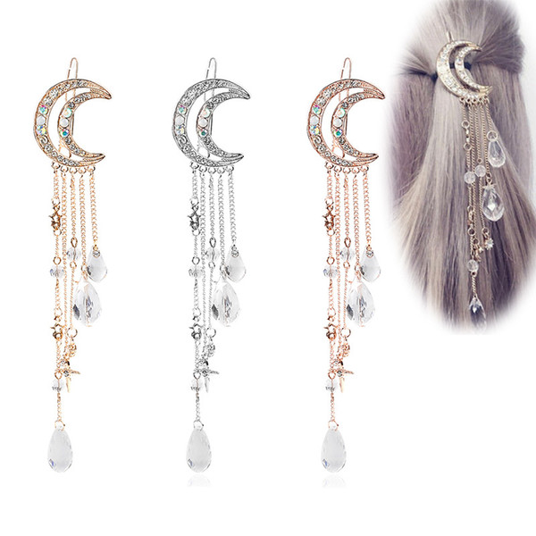 Crystal Moon Hair Clip Tassels Long Hair Accessories Ladies Bijoux Gold Silver Rose Gold Color Hairpins 16.5x3.5cm