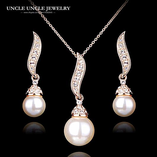 Elegant Rose Gold Color Round White Simulated Pearl Rhinestones Studded Wave Design Women Fashion Jewelry Set Necklace/Earring
