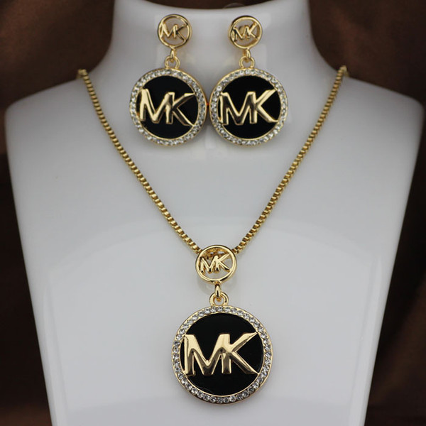 Fashion M brand Necklace Stud Earrings Set Necklace Woman Full diamond flashing letter earrings