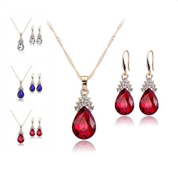 Crystal Diamond Water Drop Necklace Earrings Sets Gold Chain Necklace for Women Fashion Wedding Jewelry Sets Gift Drop Shipping