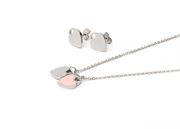 High Quality Charm English Letters Double Heart Pendant Necklace Gold Silver Plated Stainless Steel Necklace Earring Set For Women Jewelry