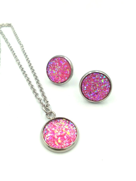 12Colors Women druzy drusy Rhinestone Pendant Statement Necklace Earrings Jewelry Set Fashion Jewelry Bridal Wedding Dress Jewelry Sets