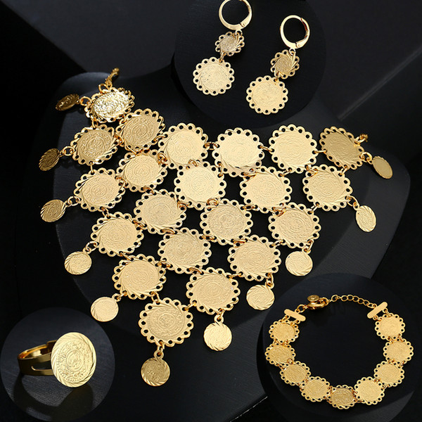 New exquisite Bridal wedding Gold Color Muslim Coin Necklace Earrings Ring Bracelet Set Middle East Arab Jewelry gift