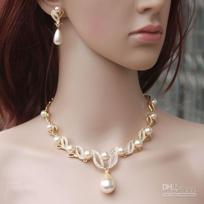 Gold Plated Cream Pearl Drop Pearl and Rhinestone Crystal Bridal Necklace and Earrings Bridal Jewelry Sets