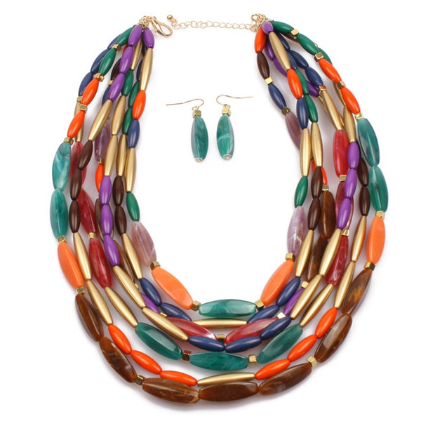 2018 big bead Natural Stone necklace Jewelry Set Black Resin Party Gift Multilayer Handmade Beads Choker Necklace Earring Colares For Women