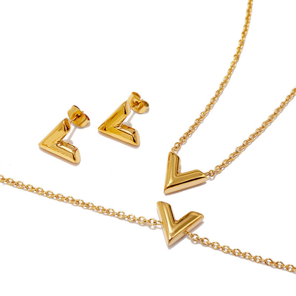 Brand Letter V Charm Bracelet necklace earrings sets For Women Titanium Steel Silver rose gold Chain Bracelet V Triangle Cute Stud Earrings