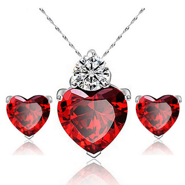 JOYEN Brand Zircon Crystal Jewelry Sets Fashion Heart Pendants Necklaces Stud Earrings White Gold Plated Ruby Jewelry Sets For Women