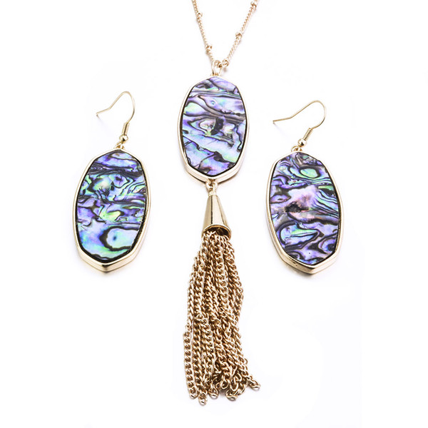 Kendra Oval Hexagon TurquoiseAbalone Shell Scott Earrings Necklace Jewelry Sets Gold Color Metal Tassels Long Necklace For Women