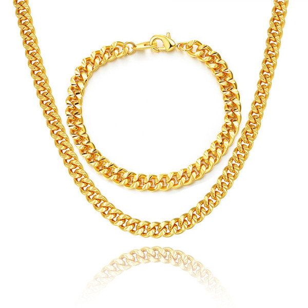 Layered Curb Link Chain Necklace Bracelet Set 18K Real Gold/Rose Gold/Platinum 6 Sizes Fashion Men Jewelry Accessories