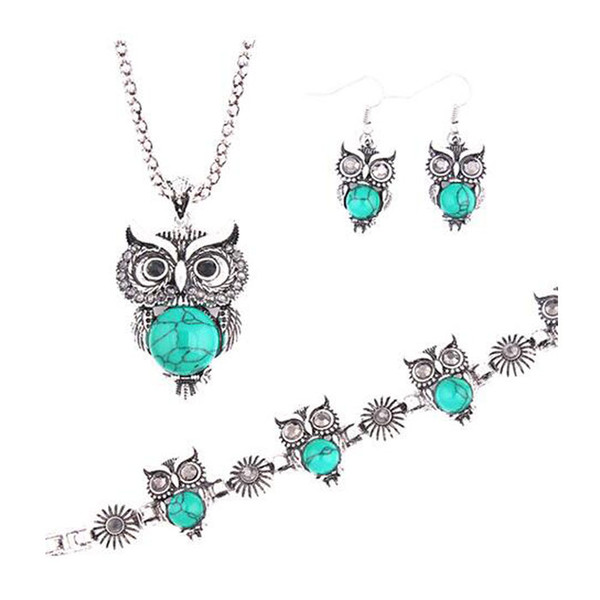 Vintage Antique Silver Red Owl Jewelry Set Necklace Pendant Earring Barrettes For Women Fashion Party Jewelry Sets free ship
