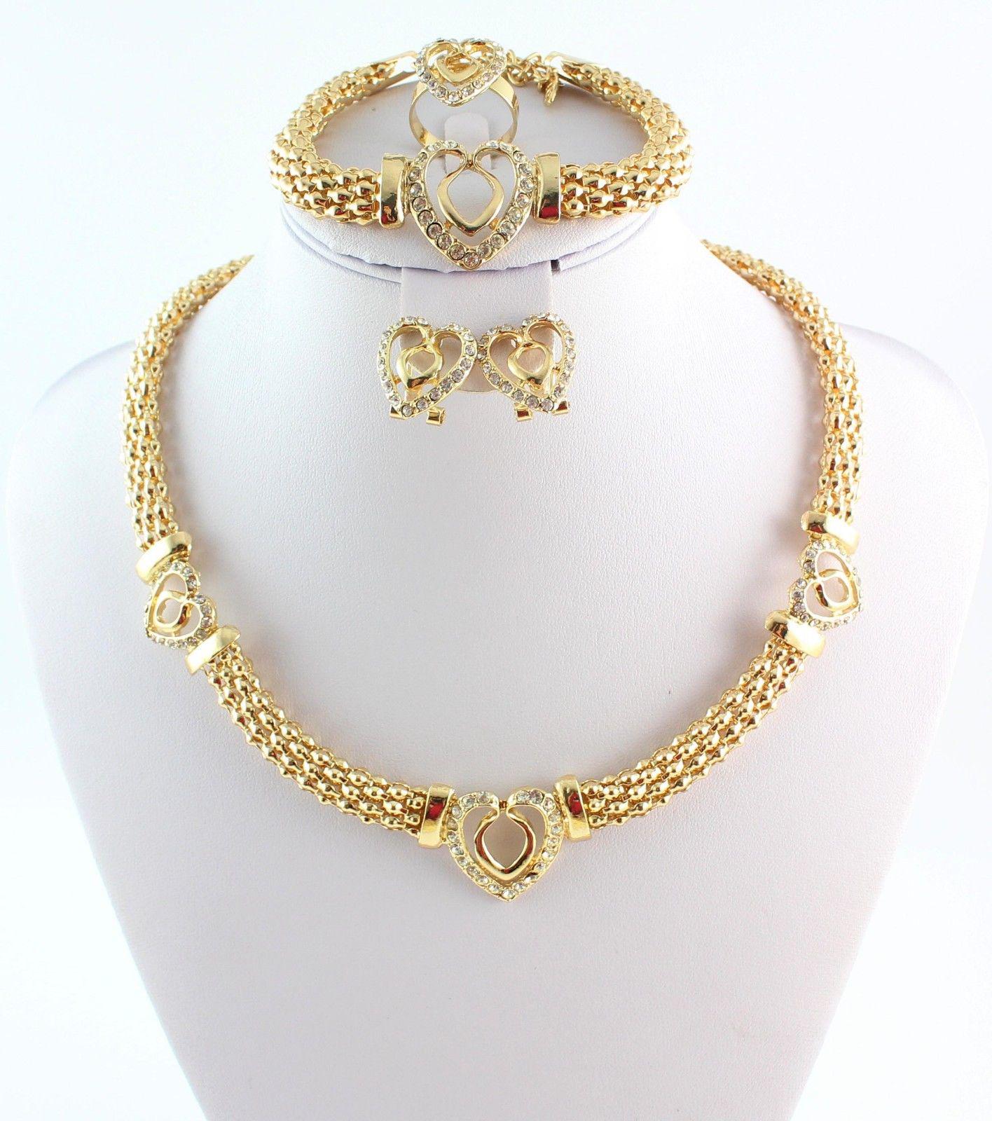 Hot Sale Heart Design Costume Necklaces Bracelets Earrings Rings Set Fashion Top Quality African Gold Plated Women Bridal Jewelry Sets