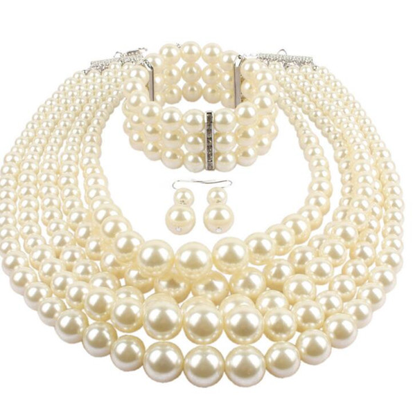 Multi Layer Simulated Pearl Strand Costume Jewelry Sets Women Ladies Fashion Jewelry Long Acrylic Beads Multi Layer Necklace and Earrings