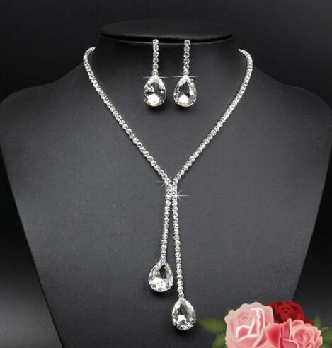 925 Sterling Silver Plated Bridal Jewelry Set Waterdrop Rhinestone Crystal Necklace Earrings for Women Wedding Statement Jewellery