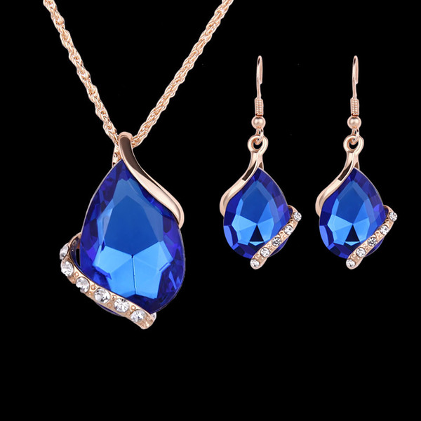 Earrings Necklaces Sets Fashion Women Elegant 5 Colors Water Drop Style Rhinestone Gold Plated Jewelry Sets 2-Piece Set Wholesale JS127