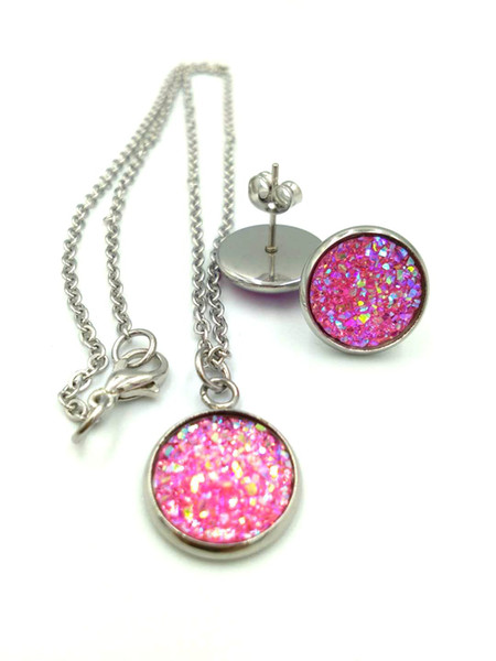 New Bohemian Natural Stone necklace Earrings set druzy Resin Crystal Druzy stud Earrings For Women Luxury Jewelry
