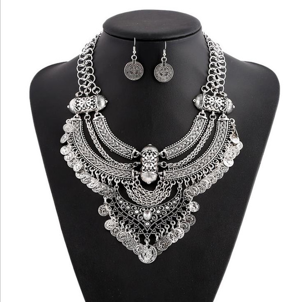 Fashion coin retro style crescent tassel thick chain short clavicle Necklace Earrings Set