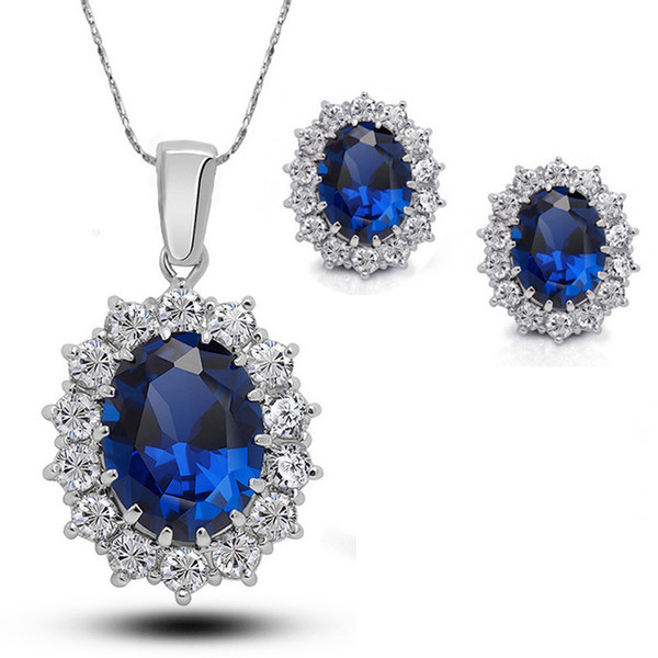 Royal Blue Colour Crystal Pendant Necklace Earrings Set 2019 New Silver Elegant Jewelry Set Women Valentine Gifts