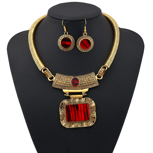 Vintage Flower Jewelry Sets Ethnic Gold Plated Statement Behomian Simple Ethnic Maxi Geometry Silver Color Gem Choker Necklace Women Fashion