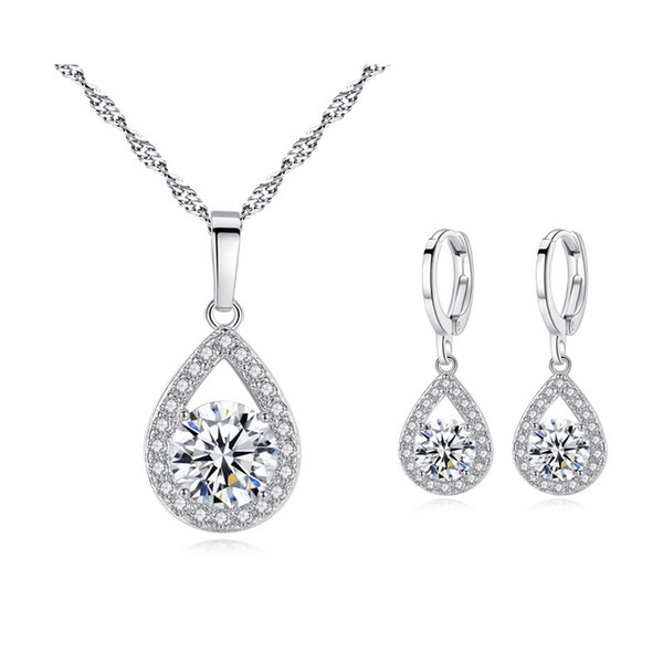 High Quality Sparkling Crystals Cluster Big CZ Teardrop Hoop Earrings Pendant Necklace Fashion Womens Jewelry Sets for Party Wedding