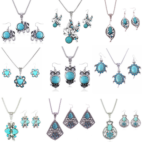 Fashion Jewelry Sets Turquoise Elephant Owl Love Butterfly Animal Earrings & Necklace For Women Bohemian Vintage Necklace Jewelry Gift