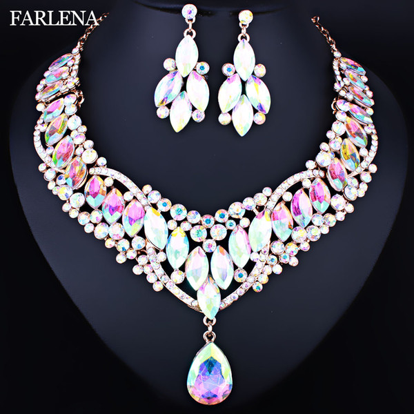 Luxury Moroccan Style Clear Crystal Rhinestones Necklace Earrings Set Women's Wedding Jewelry Set