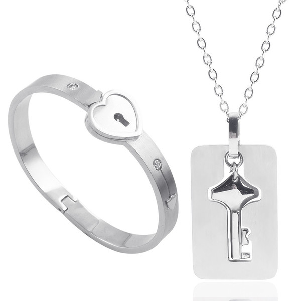 New Concentric Lock Lover Set A Couple Jewelry Sets Stainless Steel Love Heart Lock Bracelets Bangles Key Pendant Necklace Couples Lovers