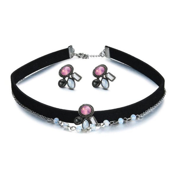 Cartoon rabbit crystal Collar Choker Stud earrings Jewelry set for women birthday christmas gift free shipping