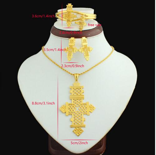 Ethiopian Cross Big Size Pendant/Necklace/Earring/Bangle/Ring Set Jewelry Eritrea Habesha Coptic 22k Gold Plated African Women