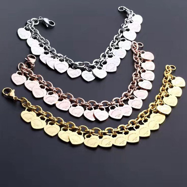 Crazy promotion Titanium steel jewelry T letters 14 peach hearts Bracelet double T 18K rose gold heart Chain Necklace Set fashion brand gift