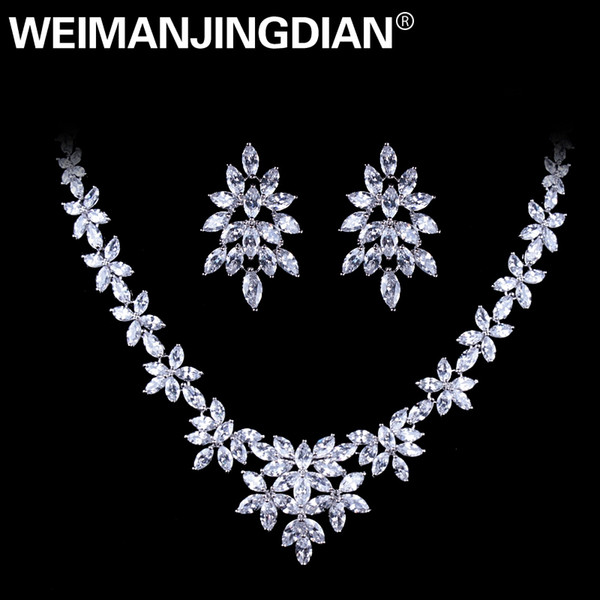 White Gold Color Plated Cubic Zirconia Floral Design Zircon CZ Necklace & Earring Wedding Jewelry Sets