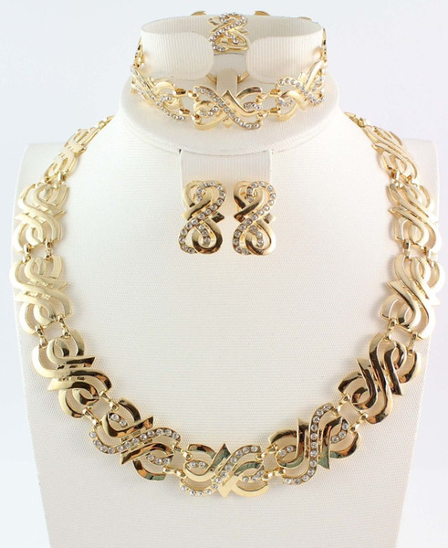 Hot Gold Plated Crystal Charming Necklace Bracelet Earring Ring Fashion Romantic Wedding Jewelry Sets