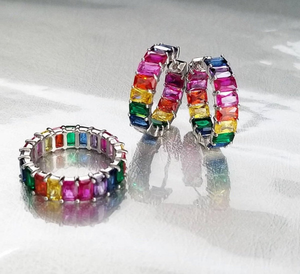 rainbow cz earring ring bracelet set gold color plated latest trendy fashion style women colorful luxury jewelry set