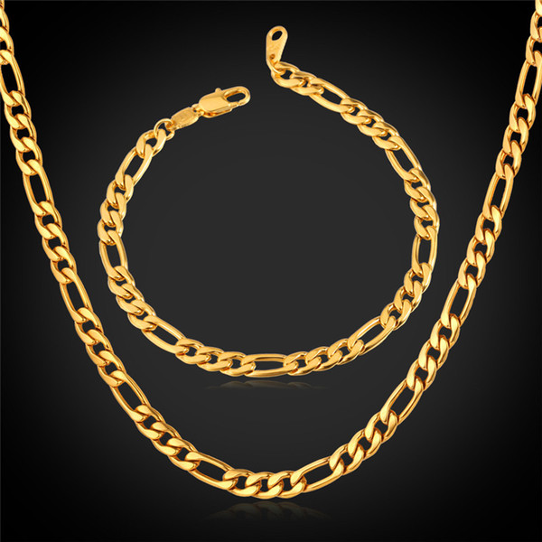 New Stainless Steel 5 MM Figaro Chain Necklace Bracelet Fashion Jewelry Sets 18'' 22'' 28'' Women Men Jewelry GNH226