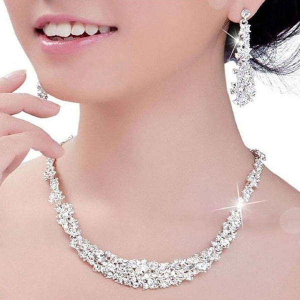 2018 New Luxury CZ Clear Crystal Ruby Necklace Earrings Evening Party Wedding Jewelry Sets For Bridal Jewelry2018 Crystal Bridal Jewelry Set