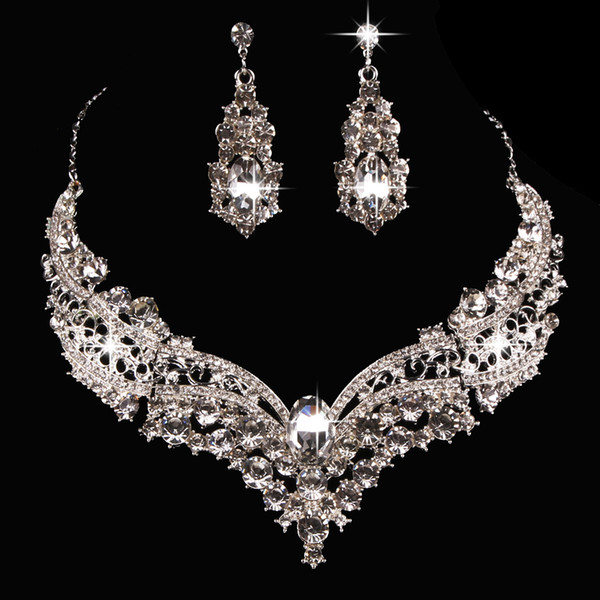 Hot sale European and American bride alloy diamond large crystal necklace earrings set ornament bride wedding accessories
