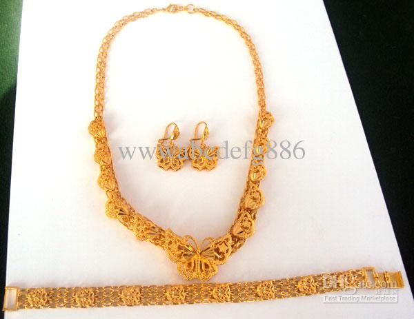 NEW Noble women 24k gold butterfly necklace pendant earring bracelet sets 100% real gold, not solid not money.