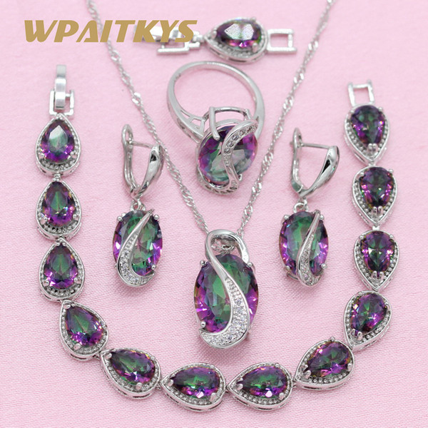 Multicolor Stone 925 Silver Jewelry Sets For Women Pretty Earrings Bracelet Necklace Pendant Ring Free Gift Box WPAIKYS