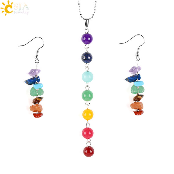 CSJA Natural Chakra Stone Mala Beads Long Pendant Necklace 7 Chakra Beaded Drop Dangle Hook Earrings Women Yoga Meditation Jewelry Sets E702