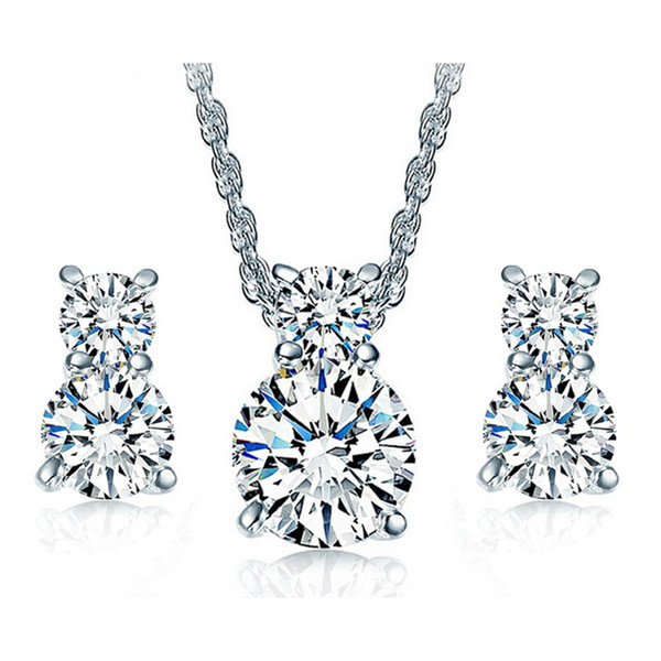 18K White Gold Plated Clear Cubic Zirconia CZ Cute Kitty Cat Stud Earrings Chain Necklace Jewelry Sets for Women Girls