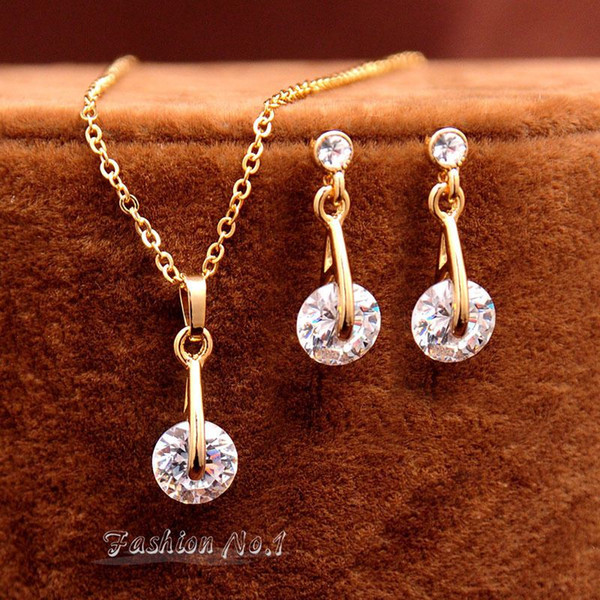 Free Shipping Fashion Crystal Water Drop Pendant Necklace Earrings For Women Accessories 18K Gold Plated CZ Diamond Jewelry Sets