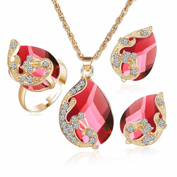 Austria Crystal Jewelry Set Pendant Necklace Ring Stud Earrings Luxury Water Drops Peacock Gold Plated Kit For Women Wedding Gift