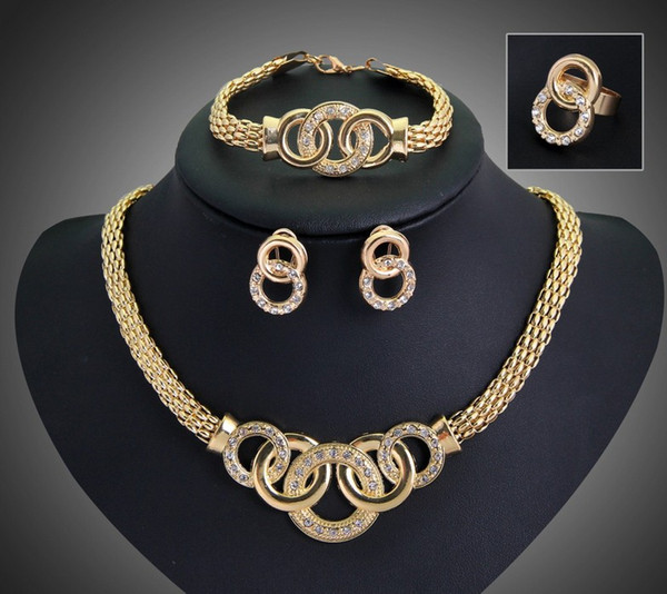 Women Jewelry Sets 18K Gold Plated 4pcs Hot Sale Design Crystal Necklace Bracelet Ring Earrings Sets Wedding Set DB