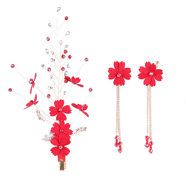 Bridal Wedding Chinese Style Jewelry Set Women Classical Beauty Hair Pins Flower Earrings Set Lady Romantic Fashion Jewelry