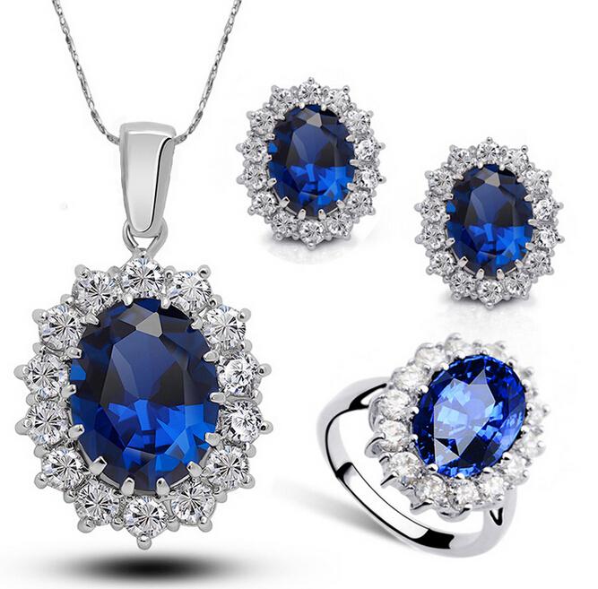 Wholesale-Big Crystal Sapphire Jewelry Sets Blue Neckalce Earrings Ring Set Real White Gold Plated Statement Jewelries for Women