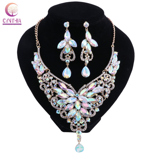 Women's Elegant Bridal Austrian Crystal Necklace Earrings Jewelry Set Gifts for Wedding Dress