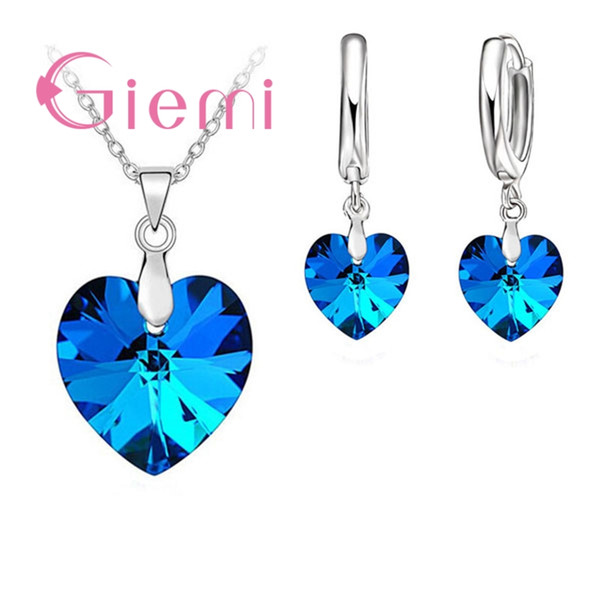 Austrian Crystal 925 Sterling Silver Jewelry Heart Pendant Necklaces Lever Back Earrings Women Accessories Gift