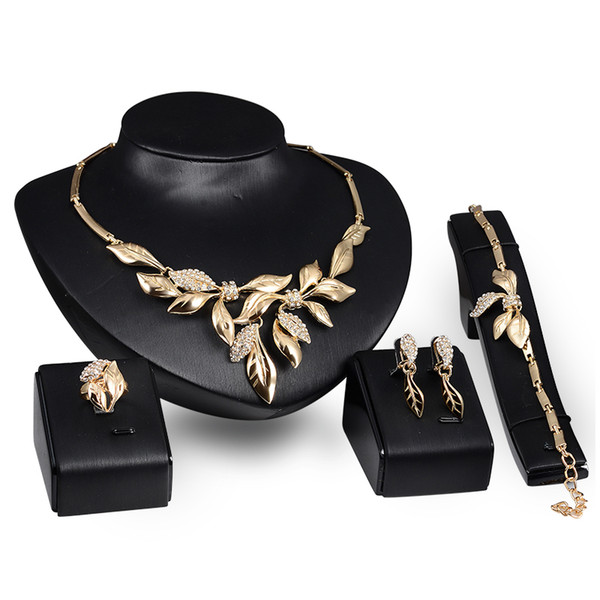 Earrings Necklaces Bracelets Rings Jewelry Sets Fashion Women Elegant Rhinestone 18K Gold Plated Leaves Wedding Jewelry 4-Piece Set JS058