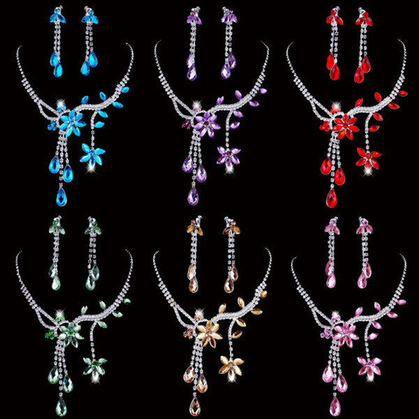 1 Set Wedding Bridal Flower Leaf Crystal Necklace Drop Earrings Jewelry Set Fashion