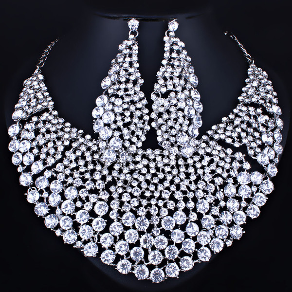 whole saleFARLENA Jewelry Full Clear Rhinestones Big Necklace and Earrings for Women Indian Bridal Wedding Jewelry sets